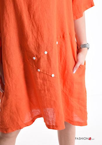 knee-length with collar Linen Dress with pockets 3/4 sleeve with v-neck - ph 4
