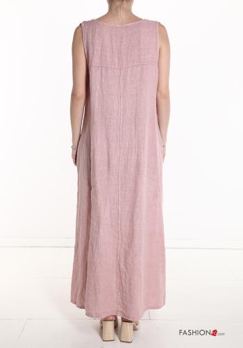 Multicoloured oversized long Linen Sleeveless Dress with pockets with v-neck - ph 2