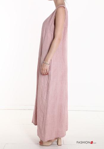 Multicoloured oversized long Linen Sleeveless Dress with pockets with v-neck - ph 3