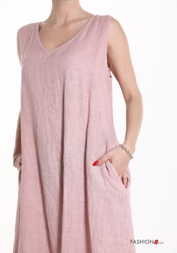 Multicoloured oversized long Linen Sleeveless Dress with pockets with v-neck - ph 4