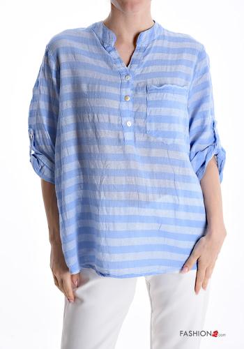 Blusa in Lino Fantasia righe con bottoni con tasche - ph 1