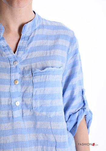 Blusa in Lino Fantasia righe con bottoni con tasche - ph 4