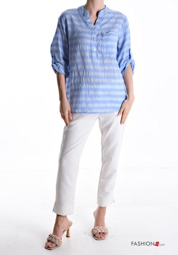 Blusa in Lino Fantasia righe con bottoni con tasche - ph 5