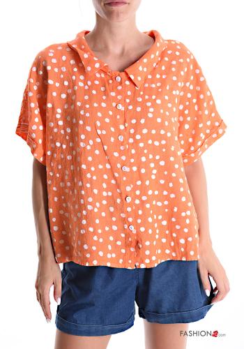 Polka-dot short sleeve with collar Linen Blouse with buttons - ph 1