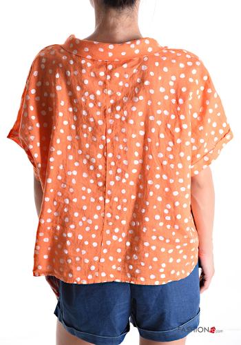 Polka-dot short sleeve with collar Linen Blouse with buttons - ph 2