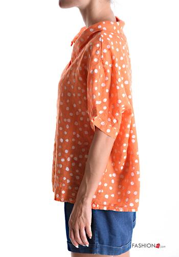 Polka-dot short sleeve with collar Linen Blouse with buttons - ph 3