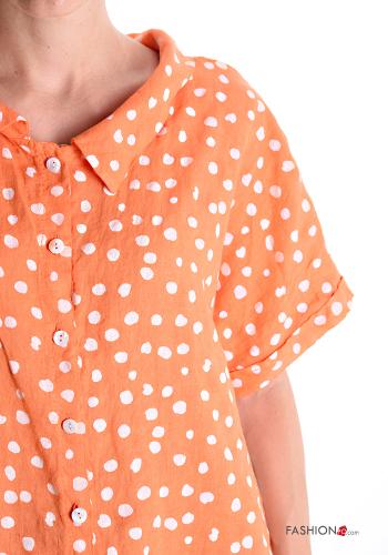 Polka-dot short sleeve with collar Linen Blouse with buttons - ph 4