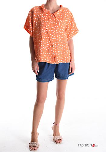 Polka-dot short sleeve with collar Linen Blouse with buttons - ph 5
