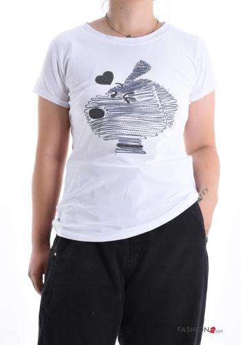 Patterned short sleeve crew neck Cotton T-shirt with rhinestones - ph 1