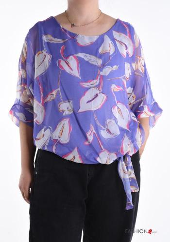 Blumenmuster volantärmel u-boot ausschnitt chiffon Bluse aus Seide mit Futter 3/4 ärmel mit knoten - ph 1