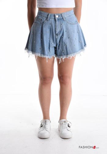 Pantaloncino Short in Cotone denim con bottoni con strass con zip con tasche - ph 1