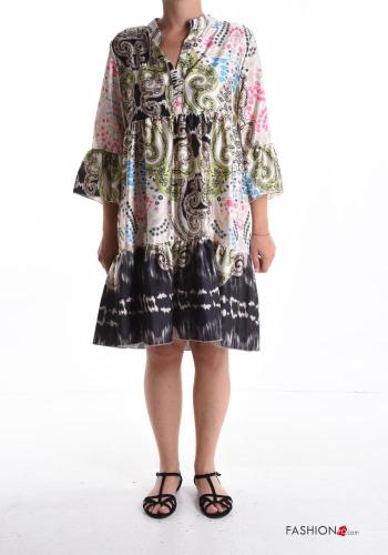 knee-length Dress with flounces 3/4 sleeve with v-neck