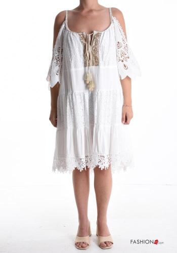 backless beach lace trim lurex Cotton Dress with bow plunging neckline