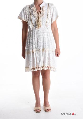 Embroidered lace trim short sleeve Cotton Dress with flounces