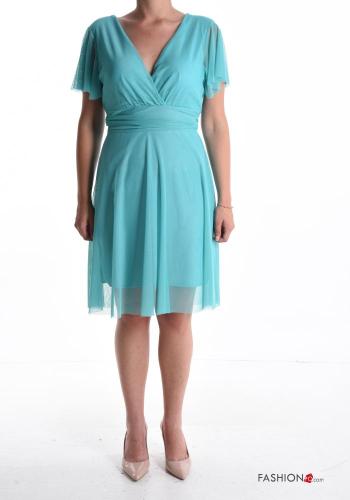 ruffle sleeve backless knee-length short sleeve tulle Dress with bow with lining with v-neck