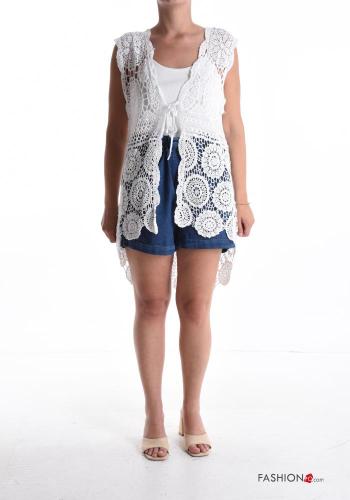 Tunique de plage en Coton sans manches détail dentelle asymétrique avec noeud à col en V