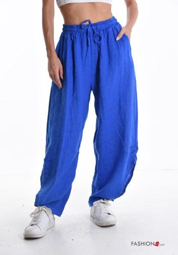 Pantalone in Lino con spacco con elastico con bottoni con tasche