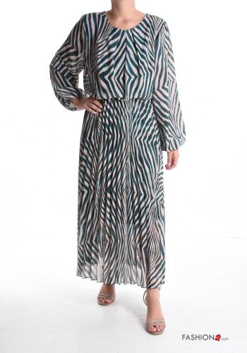 Optical-print long sleeve crew neck chiffon Dress with lining with elastic