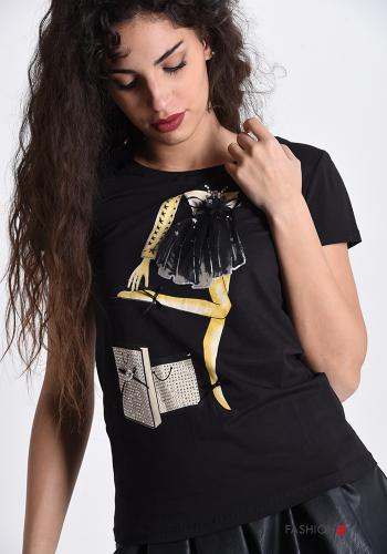 T-shirt aus Baumwolle  mit Strasssteinen mit Fransen - ph 1
