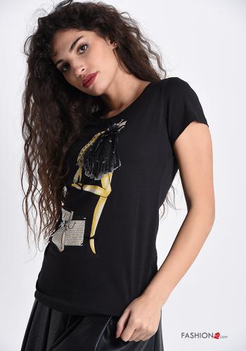 T-shirt aus Baumwolle  mit Strasssteinen mit Fransen - ph 3