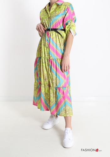 Jacquard print Shirt dress with belt with buttons with flounces - ph 1