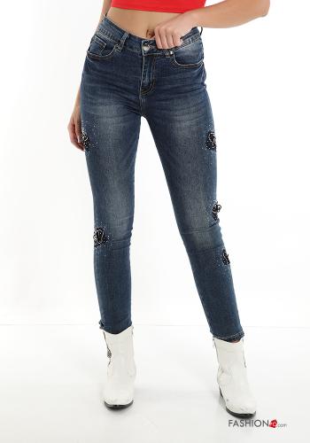 Jeans aus Baumwolle mit Knöpfen mit Strasssteinen mit Reißverschluss mit Taschen
