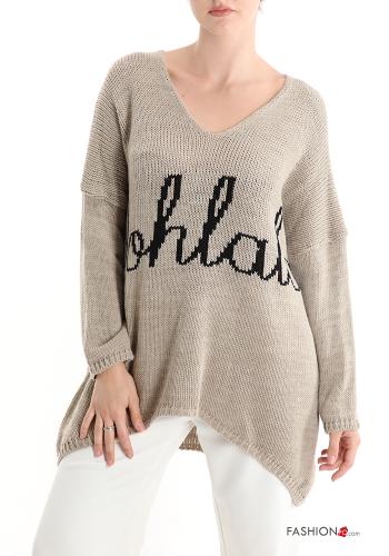 Aufschriftes Muster V-Ausschnitt Strickpullover - ph 1