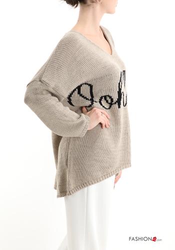 Aufschriftes Muster V-Ausschnitt Strickpullover - ph 3