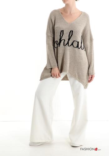 Aufschriftes Muster V-Ausschnitt Strickpullover - ph 5