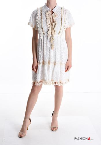 short sleeve knee-length lace trim Cotton Dress with flounces with fringe