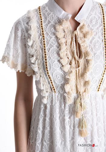 short sleeve knee-length lace trim Cotton Dress with flounces with fringe - ph 4