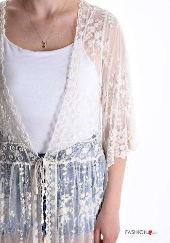 Besticktes Muster Spitze- Kimono aus Baumwolle mit Schleife 3/4 ärmel - ph 4
