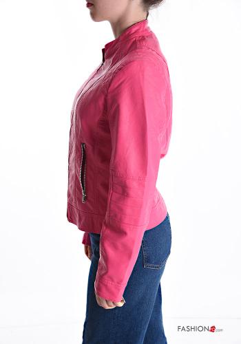 Kunstleder Jacke mit Knöpfen mit Futter mit Reißverschluss mit Taschen - ph 3