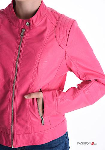 Kunstleder Jacke mit Knöpfen mit Futter mit Reißverschluss mit Taschen - ph 4