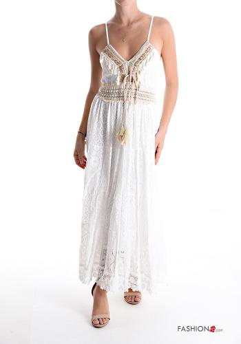 Abito in Cotone lungo pizzo senza maniche scollo a V con frange - ph 1