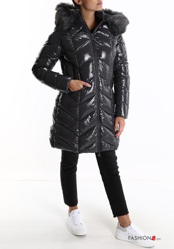 Piumino reversibile pelliccia sintetica con bottoni con cappuccio con zip con tasche