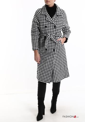 Manteau Imprimé pied de poule avec ceinture avec poches à boutons - ph 1