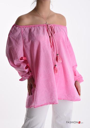 Bluse aus Baumwolle mit Schleife bardot-ausschnitt mit gummizug - ph 1