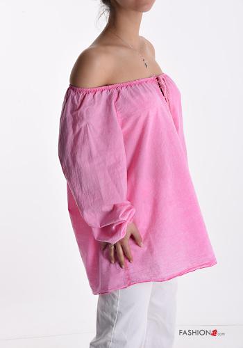 Bluse aus Baumwolle mit Schleife bardot-ausschnitt mit gummizug - ph 3