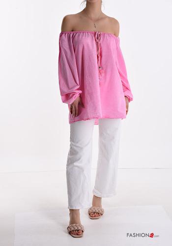 Bluse aus Baumwolle mit Schleife bardot-ausschnitt mit gummizug - ph 5