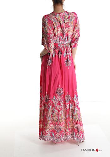 Jacquard print short sleeve long Cotton Dress with v-neck - ph 2