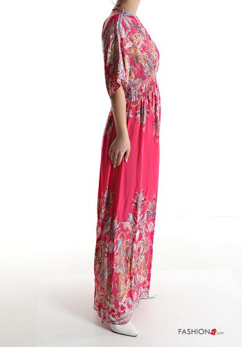 Jacquard print short sleeve long Cotton Dress with v-neck - ph 3