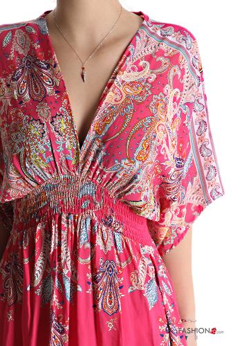 Jacquard print short sleeve long Cotton Dress with v-neck - ph 4