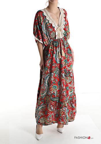 Jacquard print short sleeve long lace trim Cotton Dress with flounces with string with v-neck