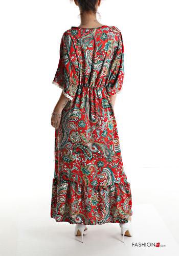 Abito in Cotone lungo pizzo maniche corte Fantasia jacquard con corda con balze scollo a V - ph 2