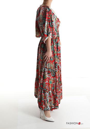Abito in Cotone lungo pizzo maniche corte Fantasia jacquard con corda con balze scollo a V - ph 3