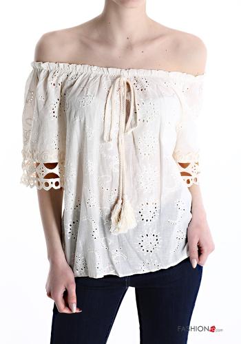 Blouse en Coton détail dentelle à broderie avec noeud - ph 1