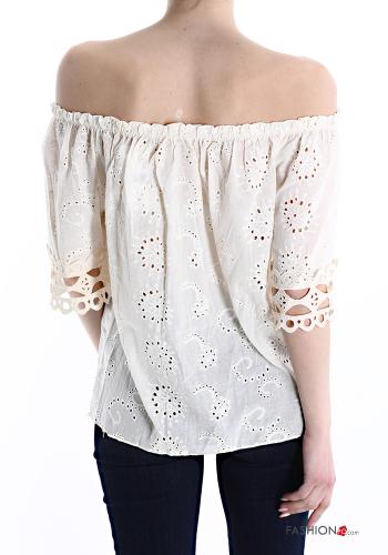 Blouse en Coton détail dentelle à broderie avec noeud - ph 2