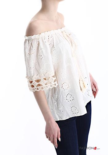Blouse en Coton détail dentelle à broderie avec noeud - ph 3
