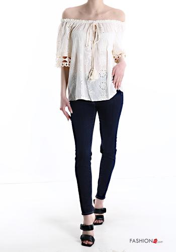 Blouse en Coton détail dentelle à broderie avec noeud - ph 5